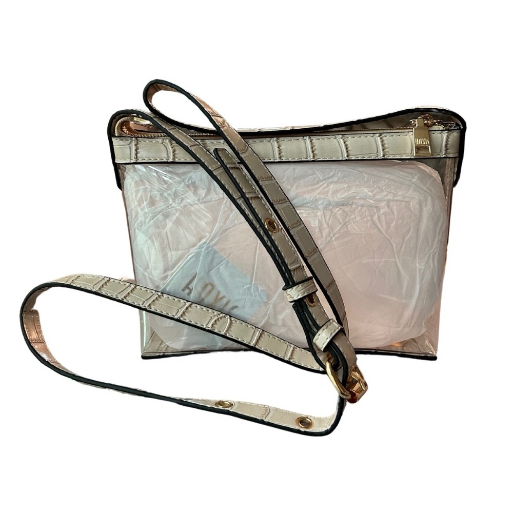 Clear Zipper Cross Body Bag with Vegan Leather Trim in Tan
